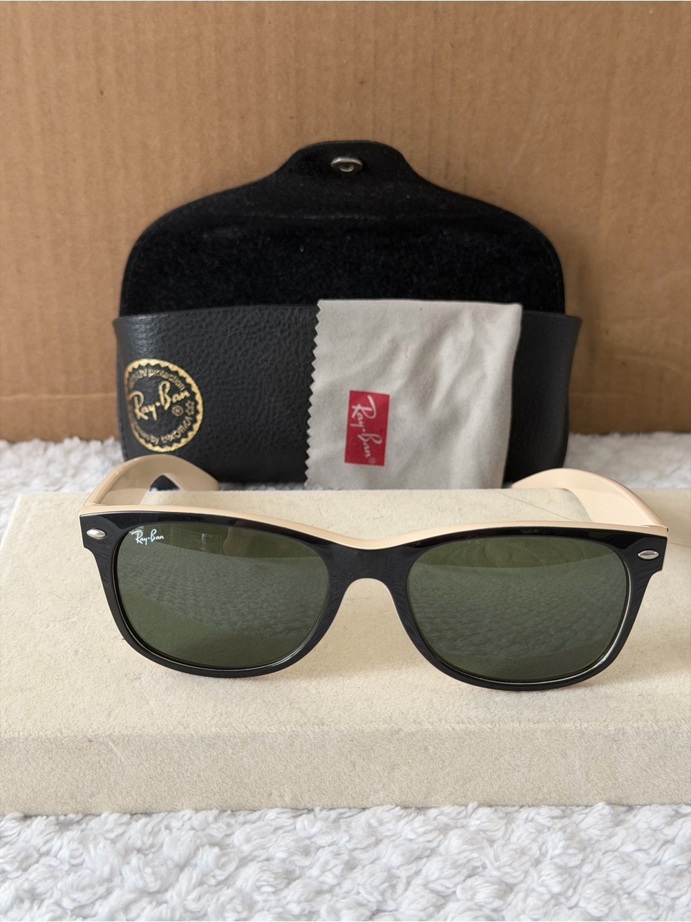 Ray-Ban RB2132 New Wayfarer Black Beige Green Sunglasses 55mm